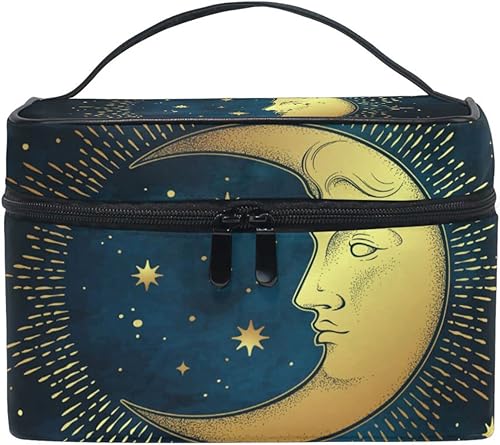 Luna creciente dorada con estrellas Portia Chic Tattoo on Dark Night Beauty Cosmetic con cepillo de cremallera, bolsa de almacenamiento portátil,