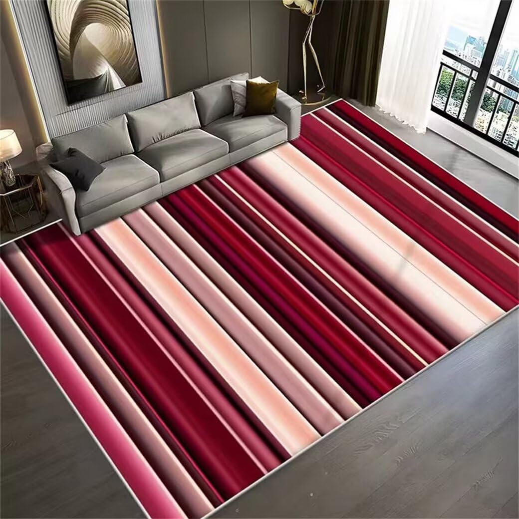 Tapis de salon 180x230cm rouge lavable à motif rayé moderne pour chambre