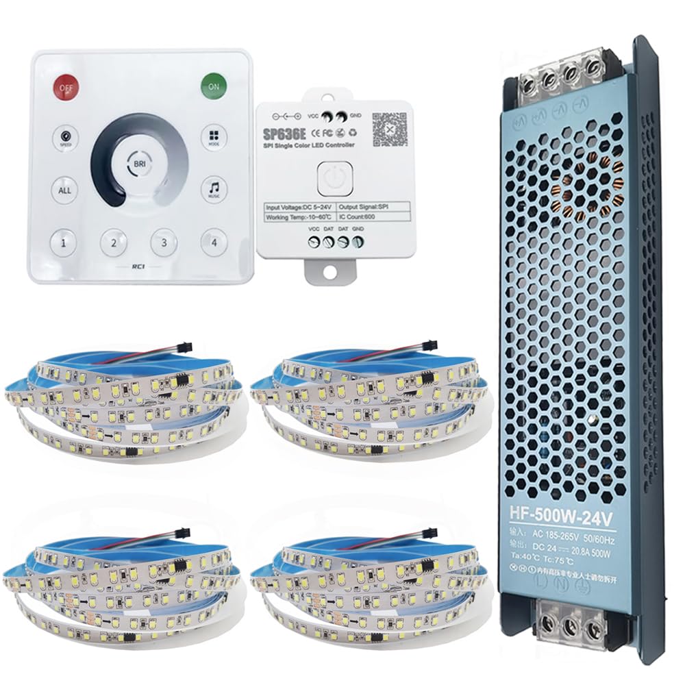 24V WS2811 fließendes Wasser fließendes Weiß geführtes Streifenlicht 2835 20M Pferderennlampe mit SP636E Bluetooth APP 2.4G RF-Controller RC1 4Zone Fernversorgung 24V 500W Stromversorgung