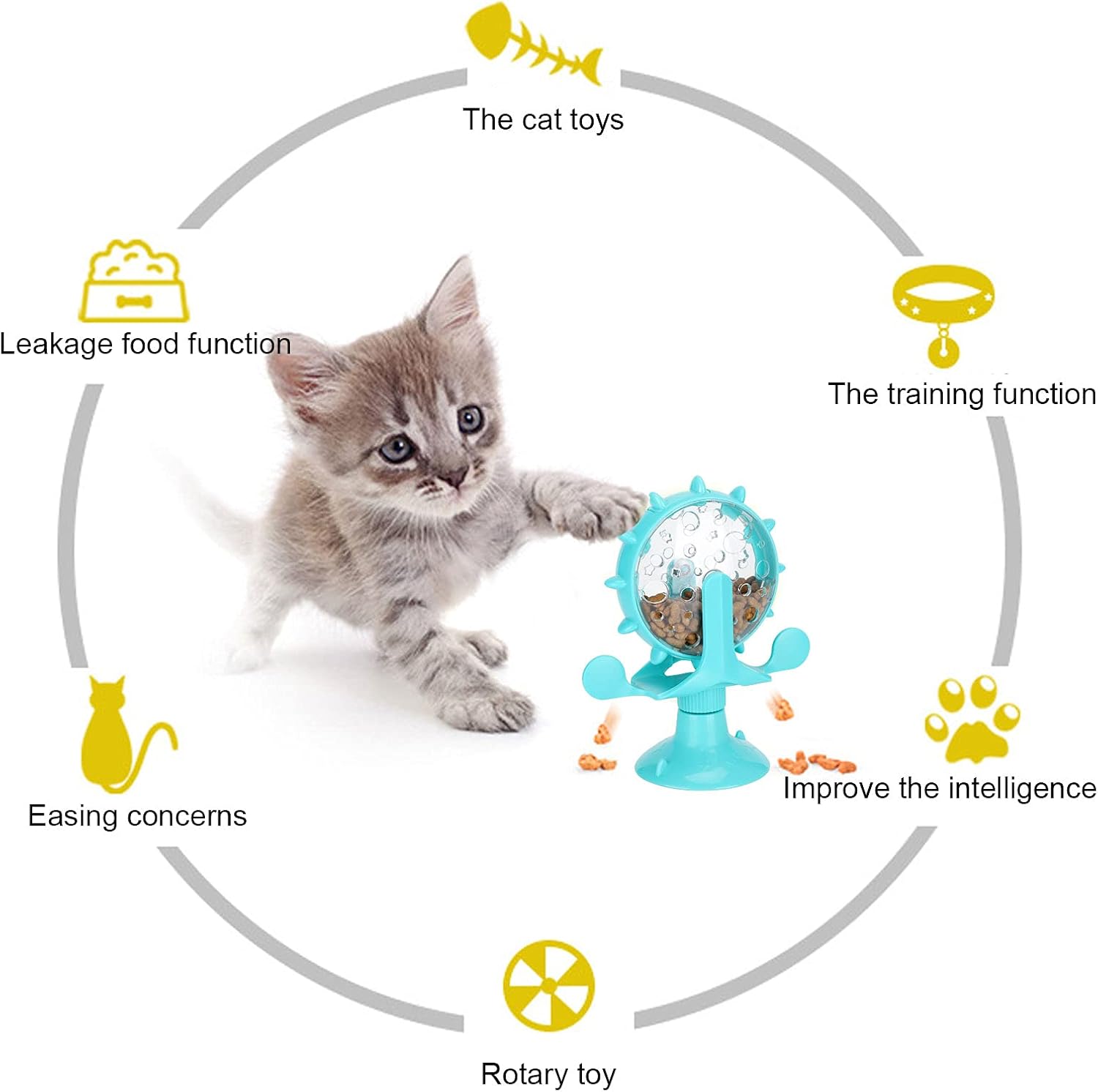 VINGVO Cat Treat Dispenser Toy, Interactive Cat Feeder with 360 Rotating Windmill, Food Leakage Toy for Indoor Cats, Suction Cup Base, Blue image 3