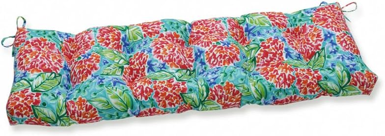 Pillow Perfect Bright Floral Indoor/Outdoor Sofa Setee Bench Swing Cushion with Ties Tufted, Weather, and Fade Resistant, 18" x 56", Green/Red Zoe