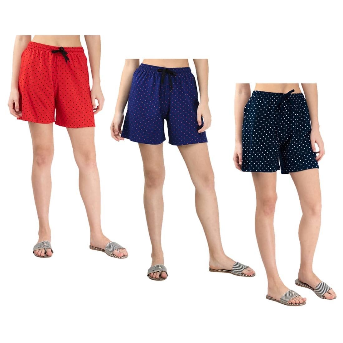 kayu Pack of 3 Women’s Polka Dot Printed Shorts with Drawstring Waist – Comfortable Casual Lounge Wear, Breathable Fabric, Stylish Summer Sleepwear Shorts for Women Navy Blue, Blue, Red-picture-40
