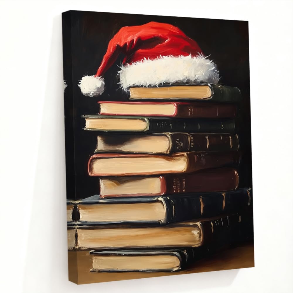 LMYSXAOZ Vintage Christmas Book Wall Art Santa Hat Pictures Decor Red Painting Prints Living Room Bedroom Decoration(Red,28L x 42W)