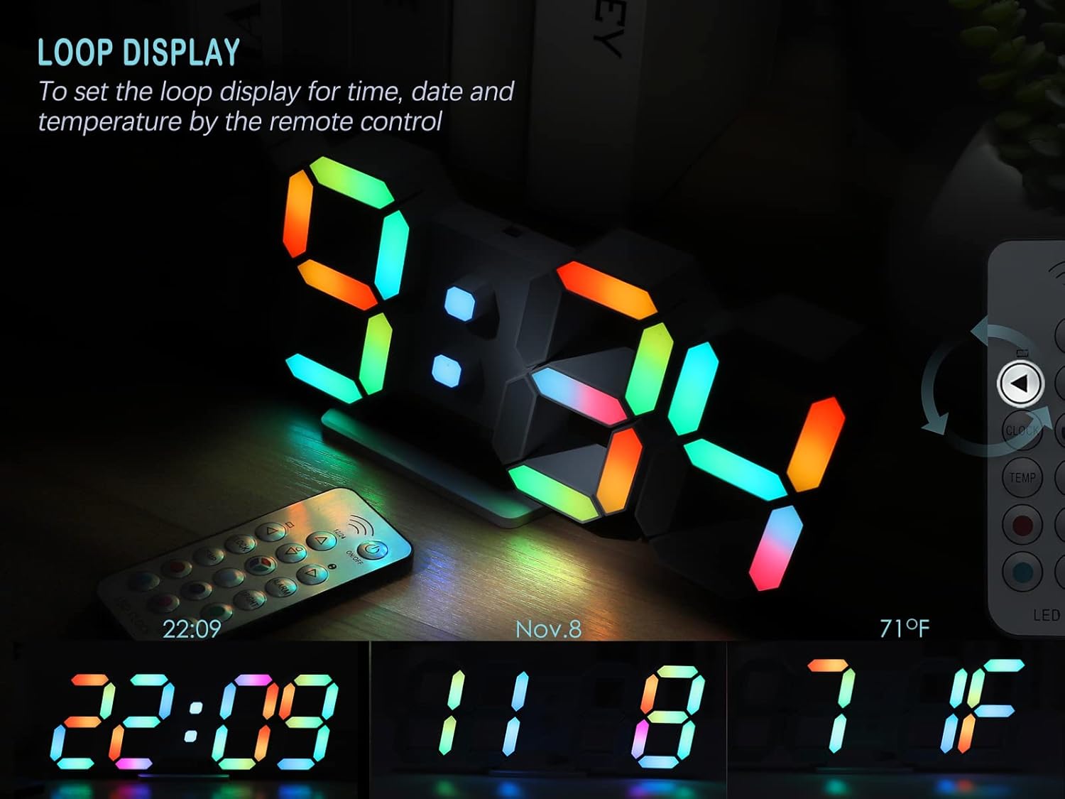 KOSUMOSU 3D LED Neon Digital Clock showing loop display of time, date, and temperature.