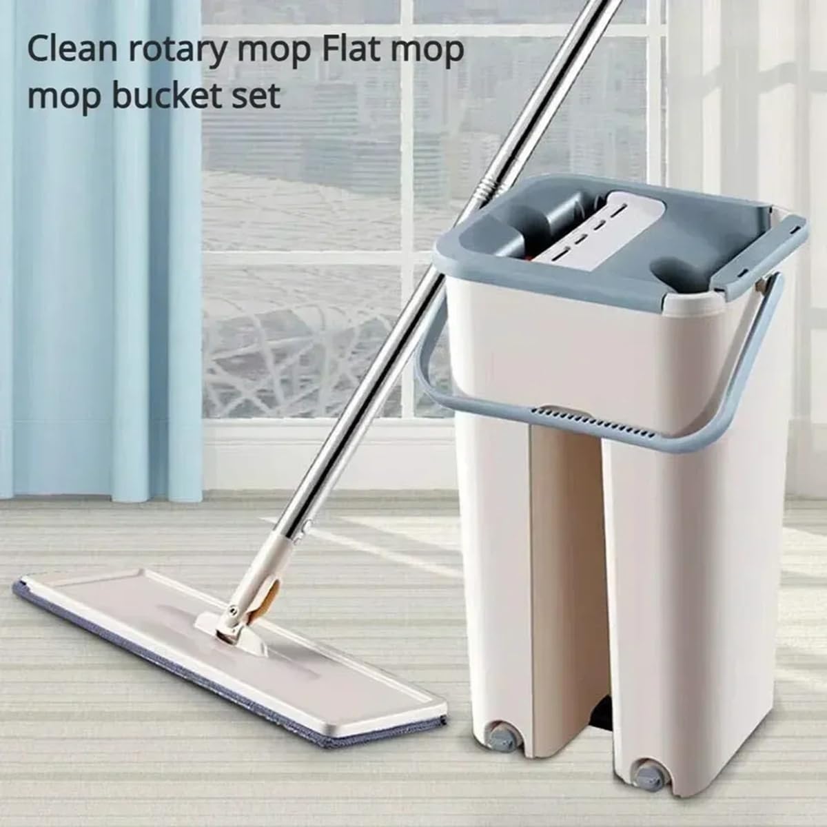 Hands-Free Bucket Squeeze Flat Mop Cleaner with Microfiber Pads for Wet Dry Floor Cleaning on Hardwood Laminate Surfaces