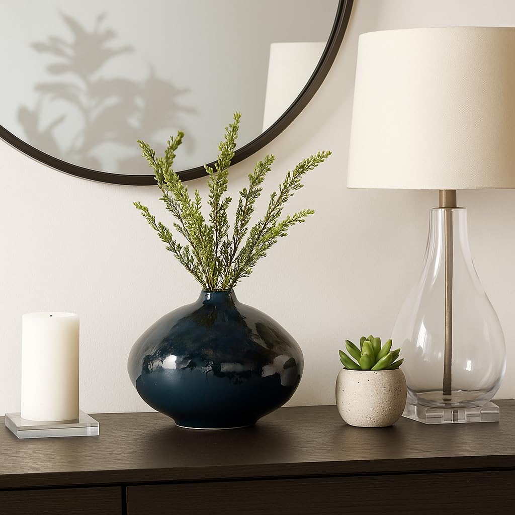 Decorative Gloss and Matte Pottery Vase for Living Room Decor - Decorative Home Accent for Bedroom, Office, and Shelf Display - Modern Flower Vase for House Entryway and Kitchen Table - 9", Blue