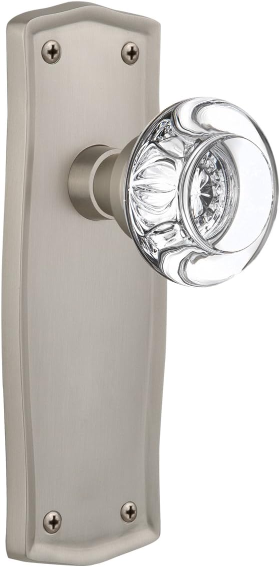 Nostalgic Warehouse Prairie Plate with Round Clear Crystal Glass Knob, Privacy - 2.375", Unlacquered Brass