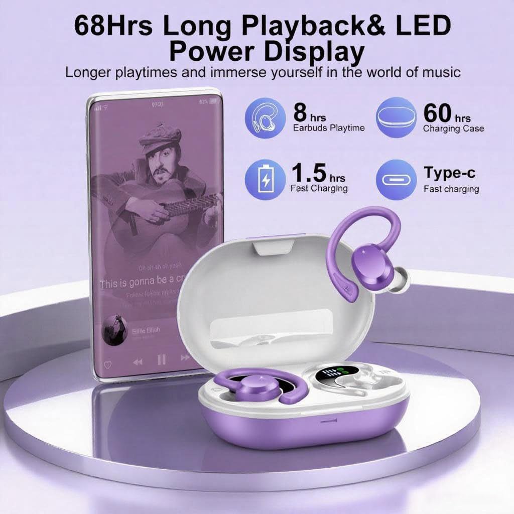 sprtoybat Ecouteurs Bluetooth sans Fil, 2026 Oreillette Bluetooth 5.4 Ecouteurs avec 4 ENC Réduction Mic, 68H Récréation Hi-FI Son Stéréo Écouteurs, Étanches IP7 Casque Running LED pour Android/iOS