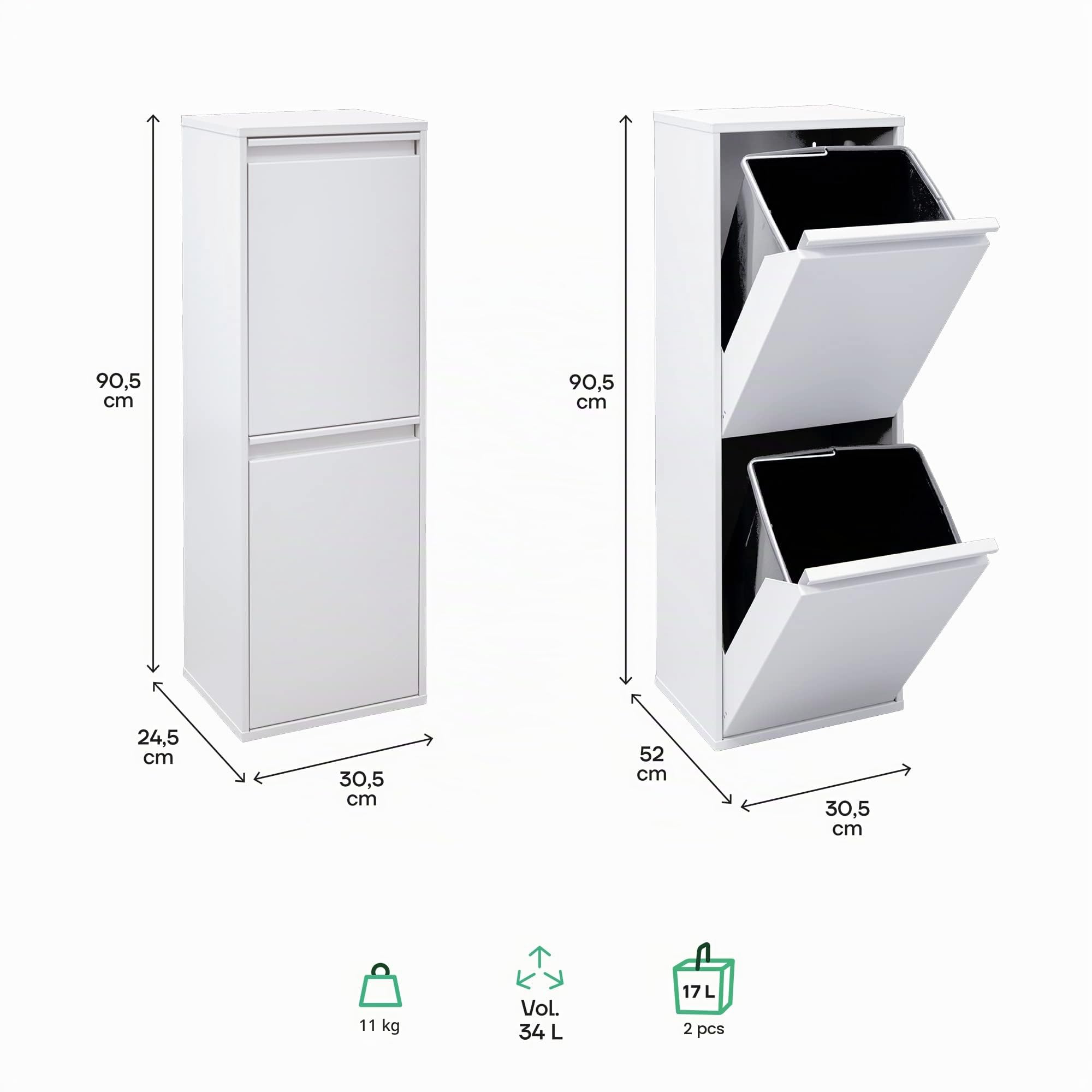 ARREGUI Basic CR201-B Poubelle de Recyclage Cuisine 2 Bacs | 2 x 17 L (34 L) | Tri Sélectif 2 Rangements | Meuble-Poubelle en Acier avec 2 Seaux | Sac à ordure | blanc