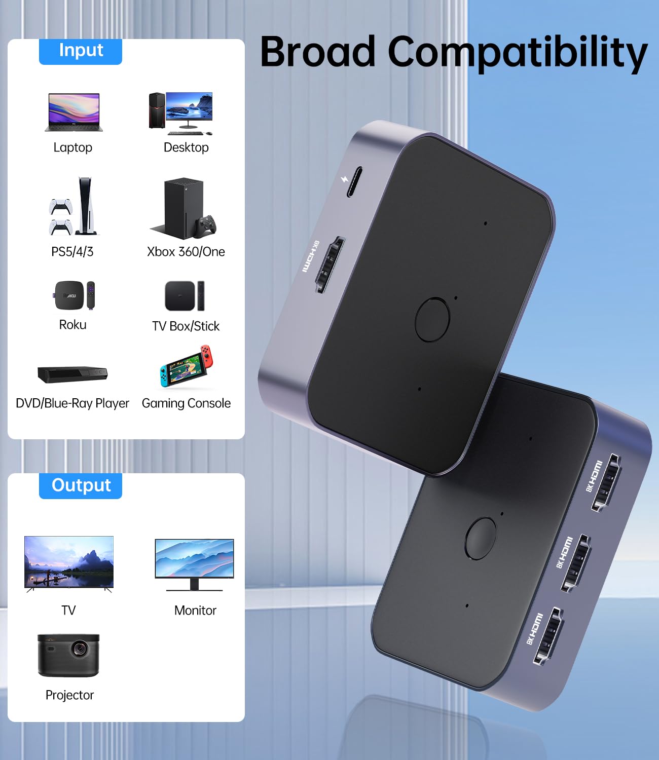 Switch HDMI 2.1 8K@60Hz 4K@144Hz 48 Gbps 3 in 1 Out HDR Dolby Atmos UHD HDCP PS5 Xbox