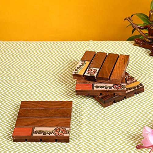 Image of Aakriti Art Creations Hand Painted Brown Wooden Coaster (Set of 4)