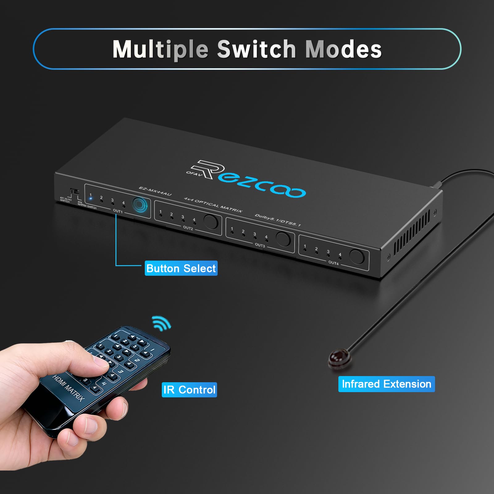 SPDIF - Matriz de audio óptico 4x4, compatible con Dolby 5.1/DTS 5.1, conmutador de audio de fibra óptica de 4 en 4 salidas con control IR e interruptor automático, Plug and Play para cine en casa