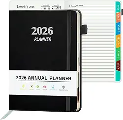 Agenda 2026, agenda A5 (14,2 cm x 21,6 cm) 2026 janeiro a dezembro, abas mensais/semanais/diárias com contatos e feriados, capa de couro PU e papel de 100 g/m², organizador para material escolar e