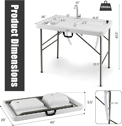 Miniatura 3 de Julimoon - Mesa plegable de limpieza de peces, mesa de campamento portátil con 2 fregaderos, grifo giratorio de 360°, estación de fregadero de