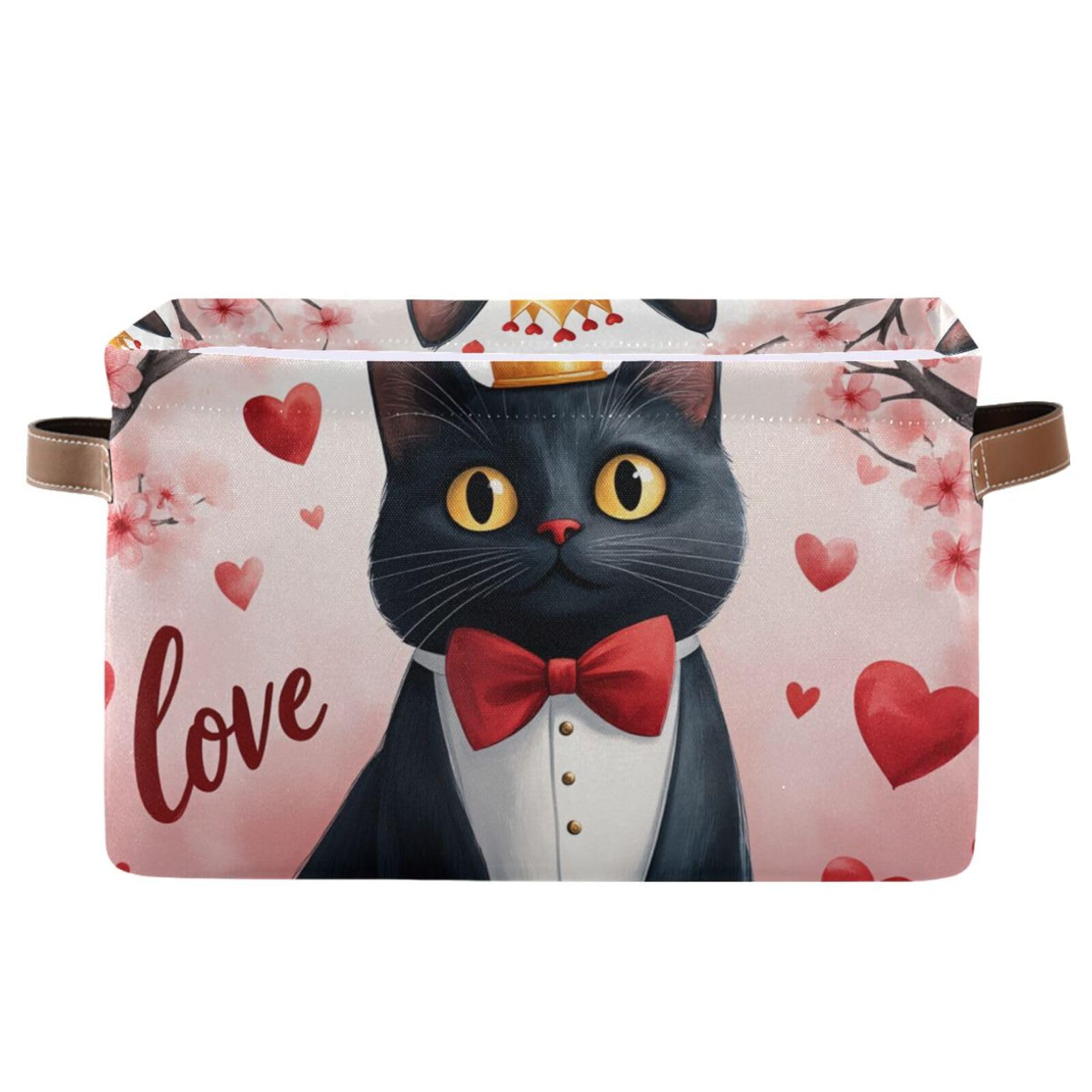 Aslsiy Storage Basket Black Cat with Bow Heart Pink (4) Nursery Bins Valentines Baby Canvas Box Clothes Shelf Basket Laundry Hampers 1 Pcs