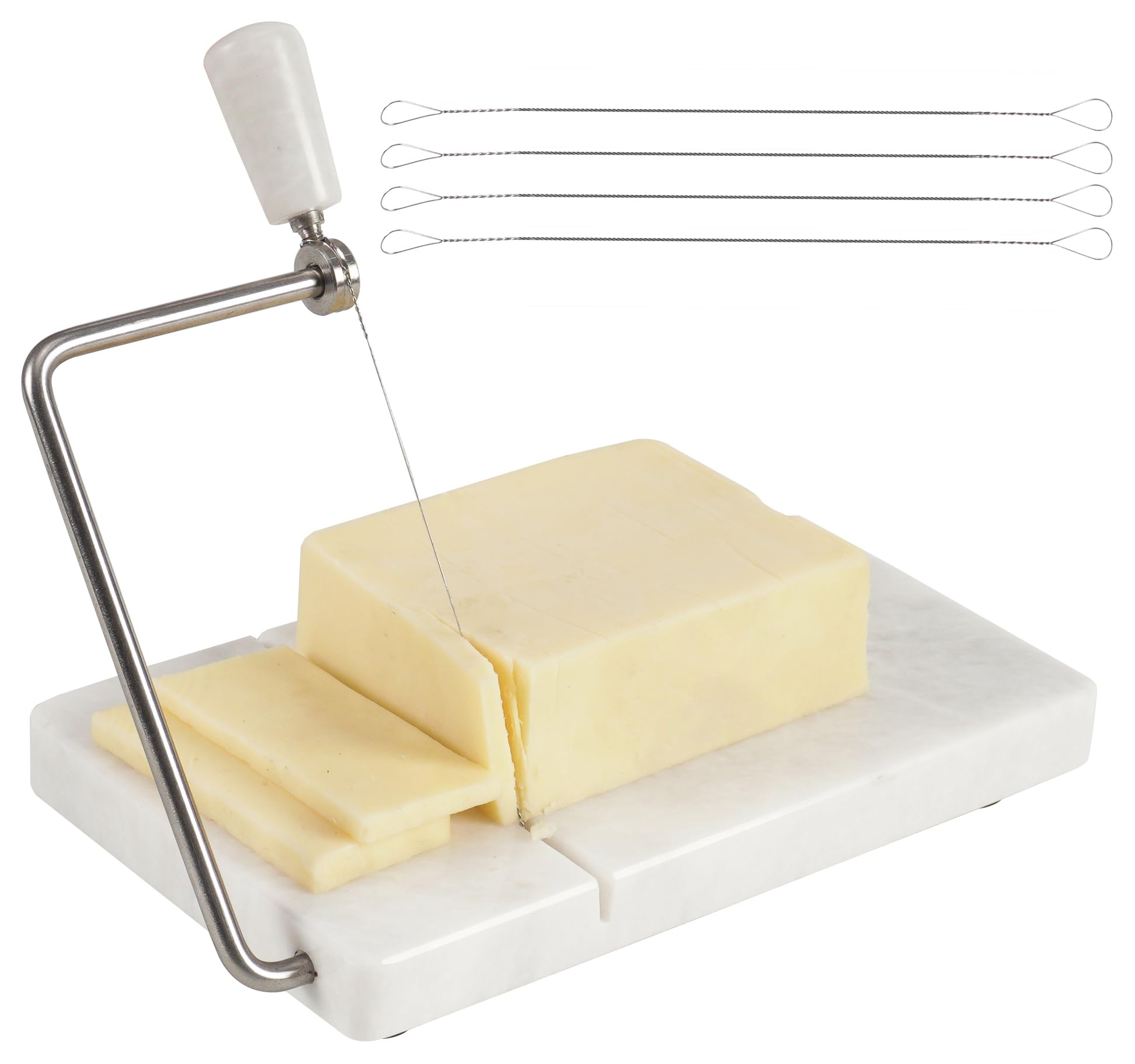 Radicaln Trancheuse à fromage, aliments mous en marbre blanc, planche à découper artisanale avec fil métallique - Coupe-légumes, 4 fils de rechange, 20,3 x 12,7 cm