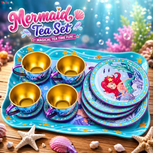 Image of VikriDA Cute Mermaid Kids Tea Set, 15Pcs Tea Party Set for Toddlers Afternoon Tea Time Playset with Teapots Tea Cups Play Dishes Princess Toys Gifts with Carry Case