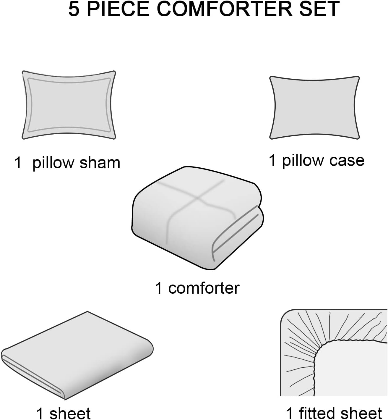 PHF Ultra Soft Comforter Sets Twin-5 Pieces Bed in A Bag Comforter & Sheet Set-Comfy Cozy Bedding Set Include Comforter, Pillow Shams, Flat Sheet, Fitted Sheet and Pillowcase, Black