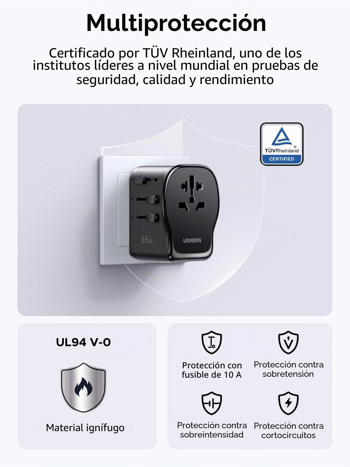 UGREEN 65W 4 EN 1 Adaptador Enchufe Universal de Viaje 3 USB EU UK US AU | PD3.0 65W 2 USB-C, 1 USB-A, Tecnología GAN, Ideal para Viajes de Negocios y Vacaciones en Más de 200 Países y Regiones