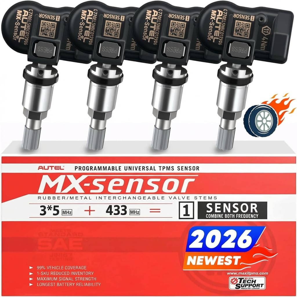 Autel MX-Sensor Doble Frecuencia, Sensores TPMS de Nivel OE para 98% Autos, Funciona con TS408S TS501Pro TS508WF TS601 TPMS Herramienta, Sensor de Neumáticos 100% Programable (Válvula de Metal, 4PCS)