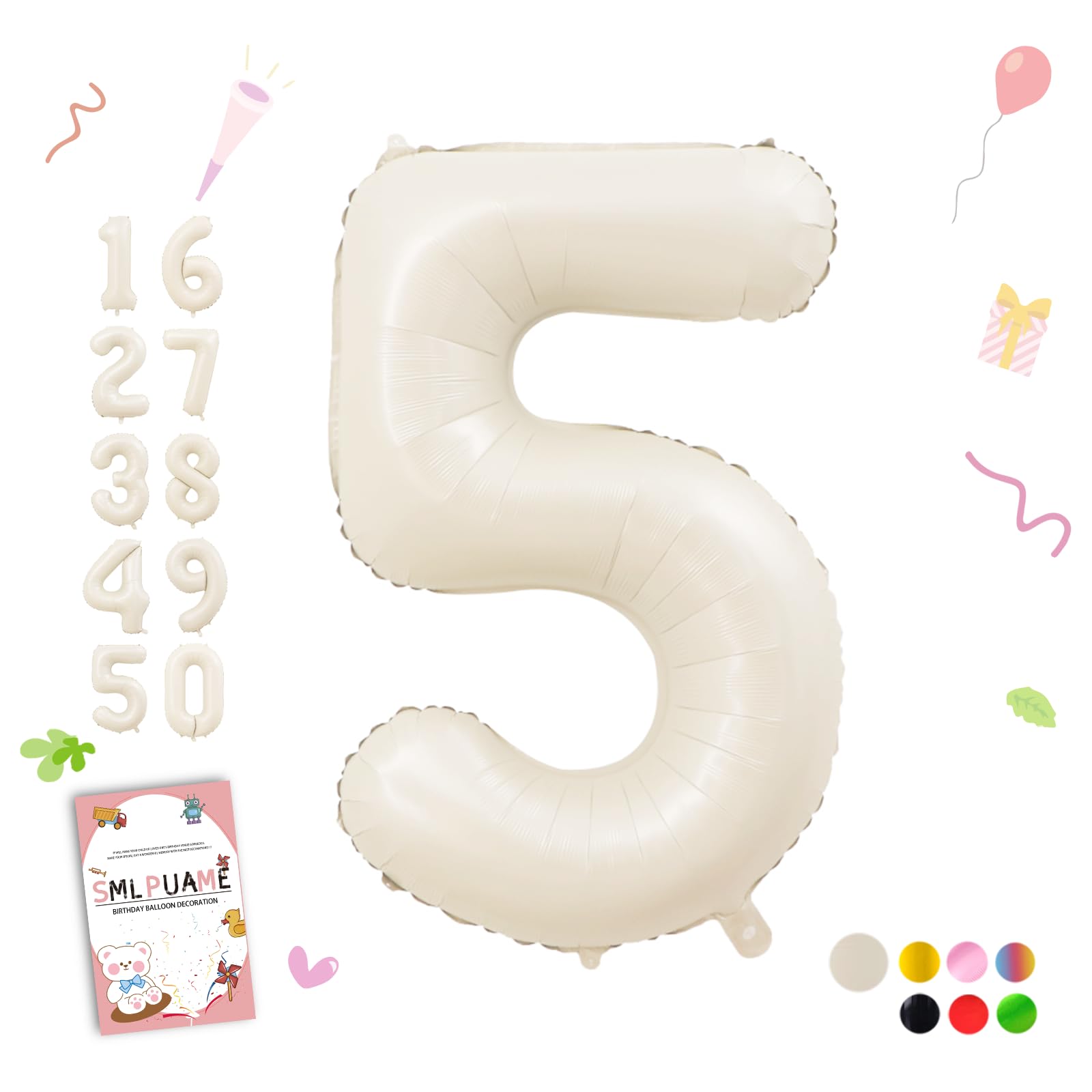 Smlpuame 40 Inch Beige Number 5 Balloons for 5th Birthday Decorations Boys Girl, Giant Self-Sealing Cream Foil Number 0-10 White Sand Balloon for Women Men Party Anniversary Baby Shower Supplies