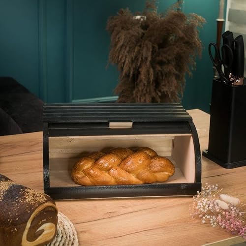 Eoqifjm Black Wooden Roll Top Bread Box For Kitchen Countertop, Rustic Bread Storage Bin With Lid For Loaves