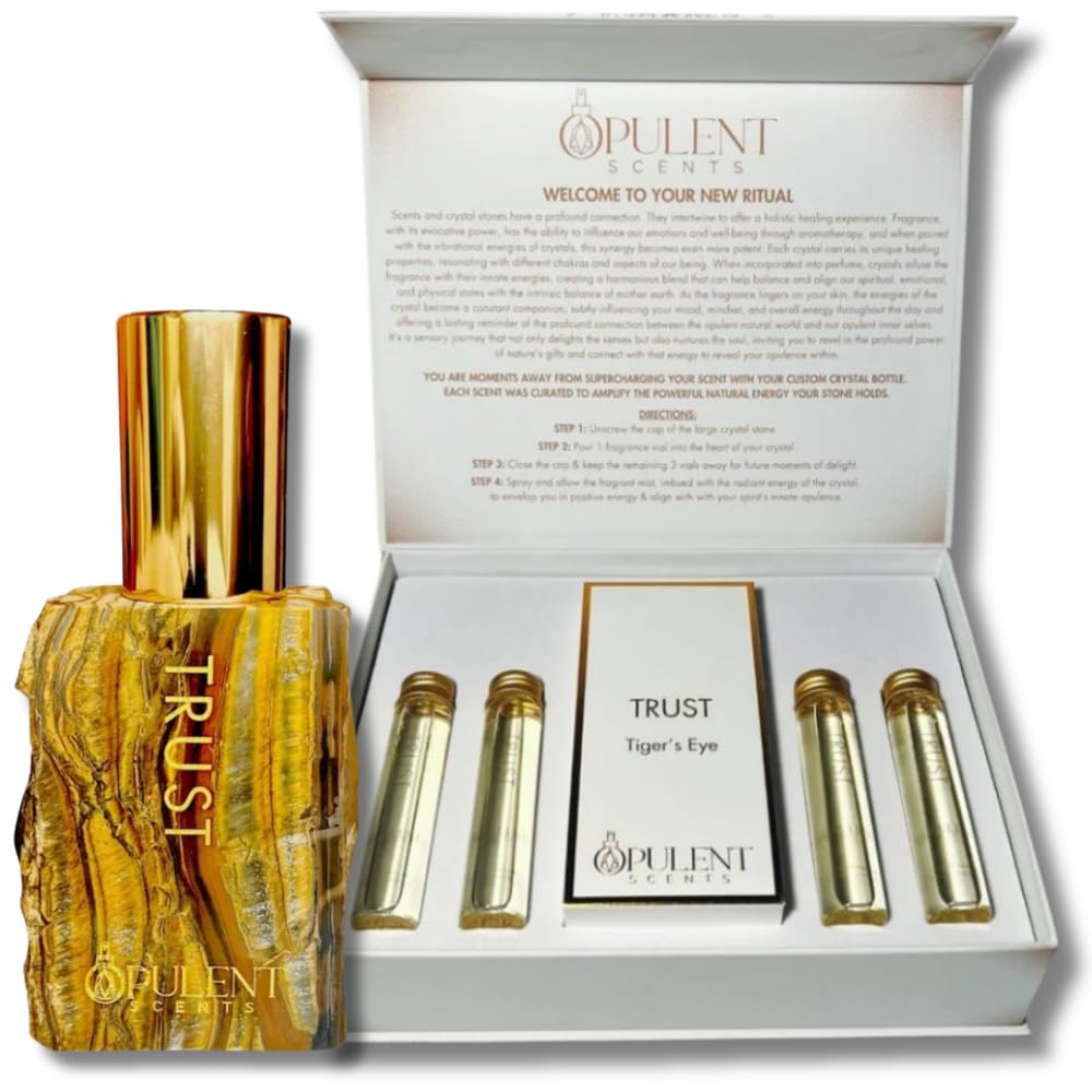 TRUST Tiger’s Eye Crystal Perfume 3.4oz | Root Chakra Healing & Ayurvedic Aromatherapy | Long-Lasting Sandalwood Luxury EDP | Spiritual Gift for Men & Women
