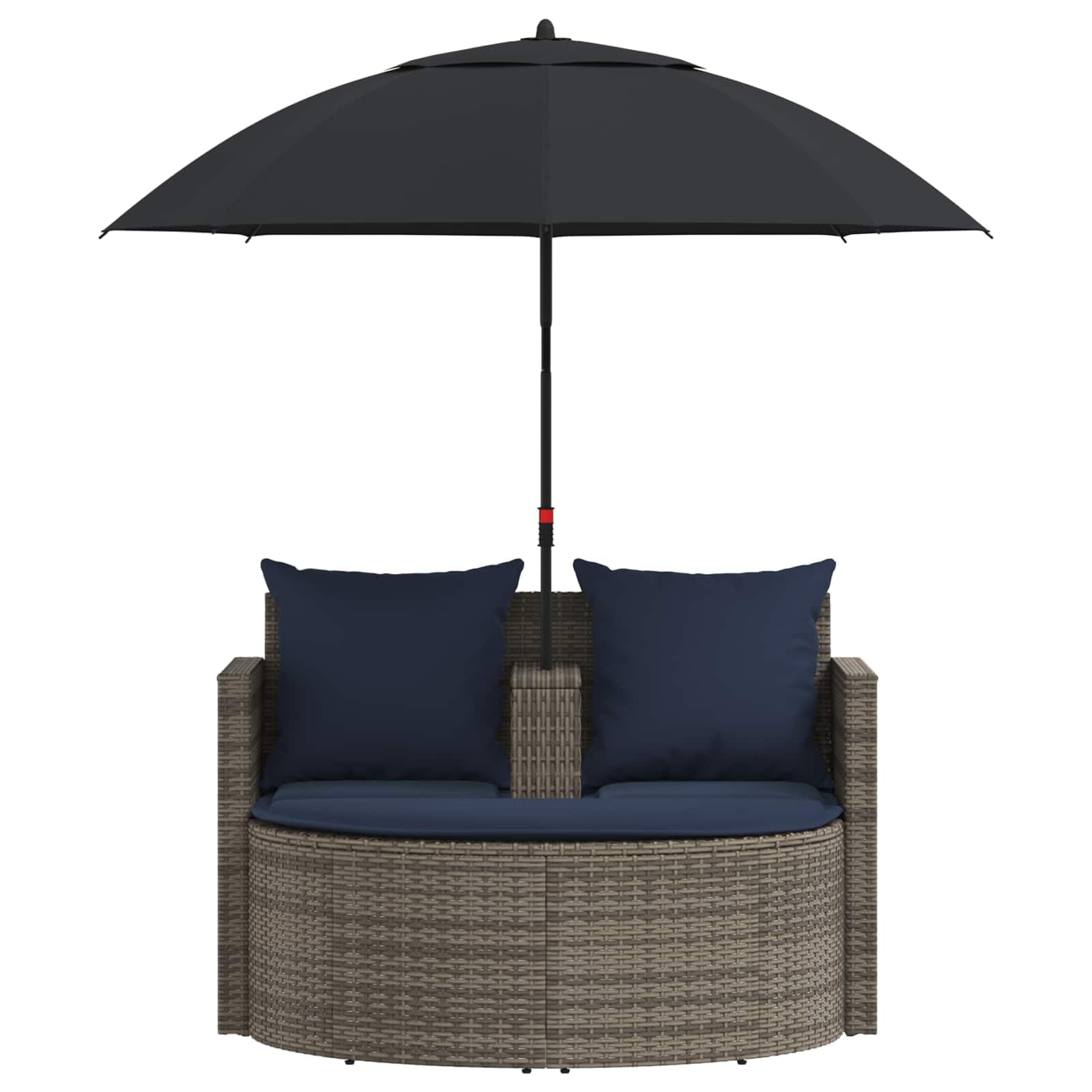 Divano da Giardino 8 Pz in Polyrattan Grigio e Blu | Salotto da esterno con parasole regolabile e cuscini imbottiti, ideale per arredare il patio o il bordo piscina.