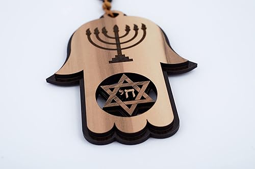 Miniatura 3 de Olive Wood Gifts Shop 'Menorah & Star of David' Hand Blessing Hamsa (6 pulgadas), Hamsa de vida de madera, hecho a mano en Israel