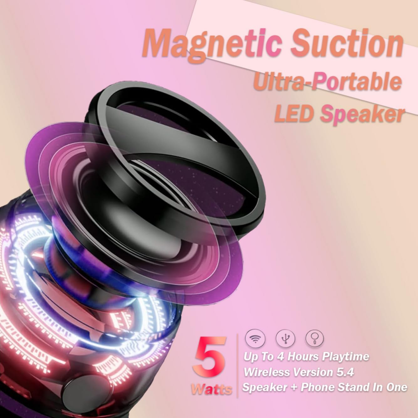 G200 Magnetic Bluetooth Speaker, Wireless Portable Mini Speaker with RGB Light, Strong Magnetic Base & Phone Stand, 2-Inch Mini Stereo Sound for Home, Outdoor, Travel, Party, Two-Pack in Black - Image 3