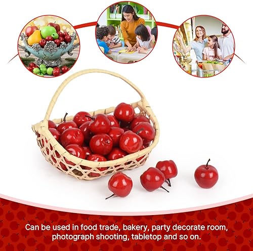 Miniatura 5 de Mini manzanas rojas artificiales, 40 piezas de manzanas rojas de simulación realistas, frutas falsas para el hogar, cocina, mesa, cesta, fiesta,