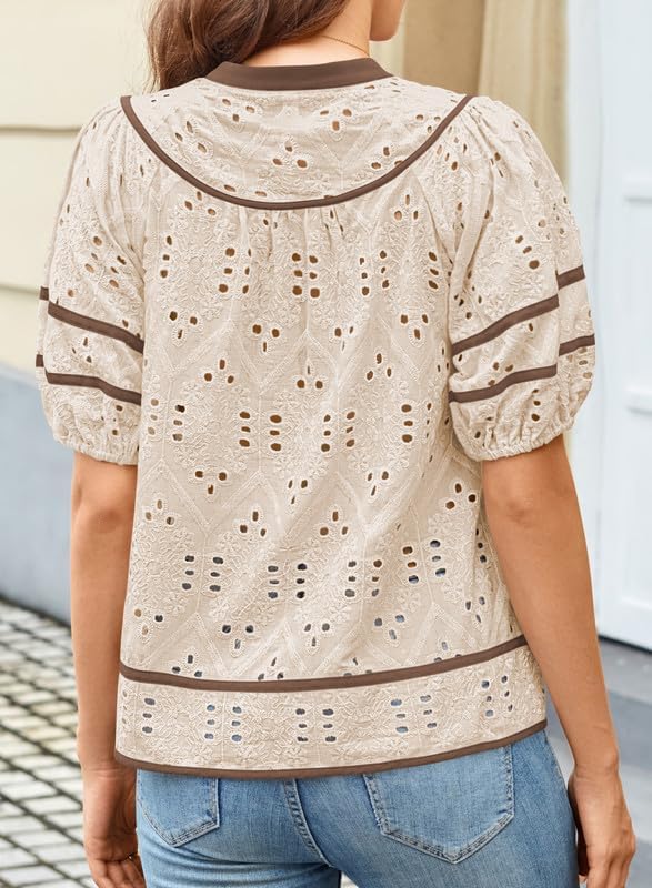 Women Blouses V Neck Puff Short Sleeve Womens Summer Tops Eyelet Embroidered Clothes Trendy Causal Babydoll Shirts - Image 5