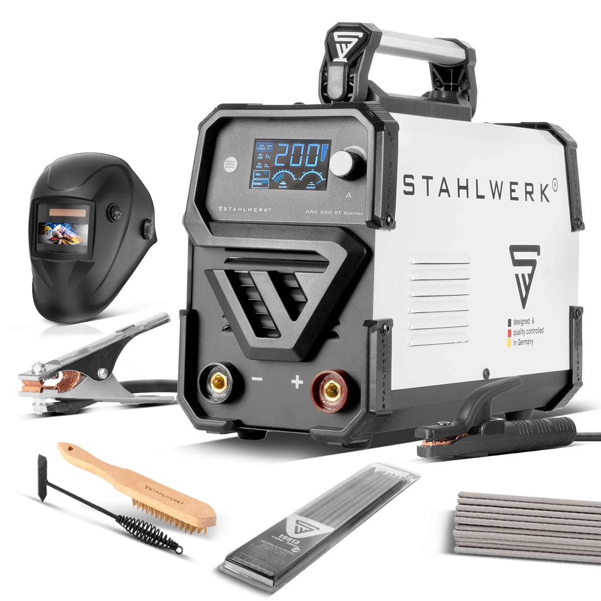 STAHLWERK Elektroden-Schweißgerät ARC 200 ST Digital – Vollausstattung – flexibel einsetzbar ohne Gas, kompakt, MMA, E-Hand, 200 A, Lift-TIG-fähig, Smartkühlung, Überhitzungsschutz, Anti-Stick