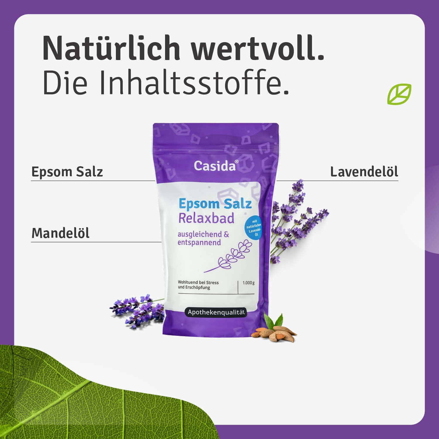 Casida® Kąpiel Relaksacyjna z Sólą Epsom i Lawendą - sól gorzka/Sól Epsom (siarczan magnezu) z naturalnym olejkiem lawendowym/lawendą - kąpiel odprężając - jakość apteczna - 1000 g