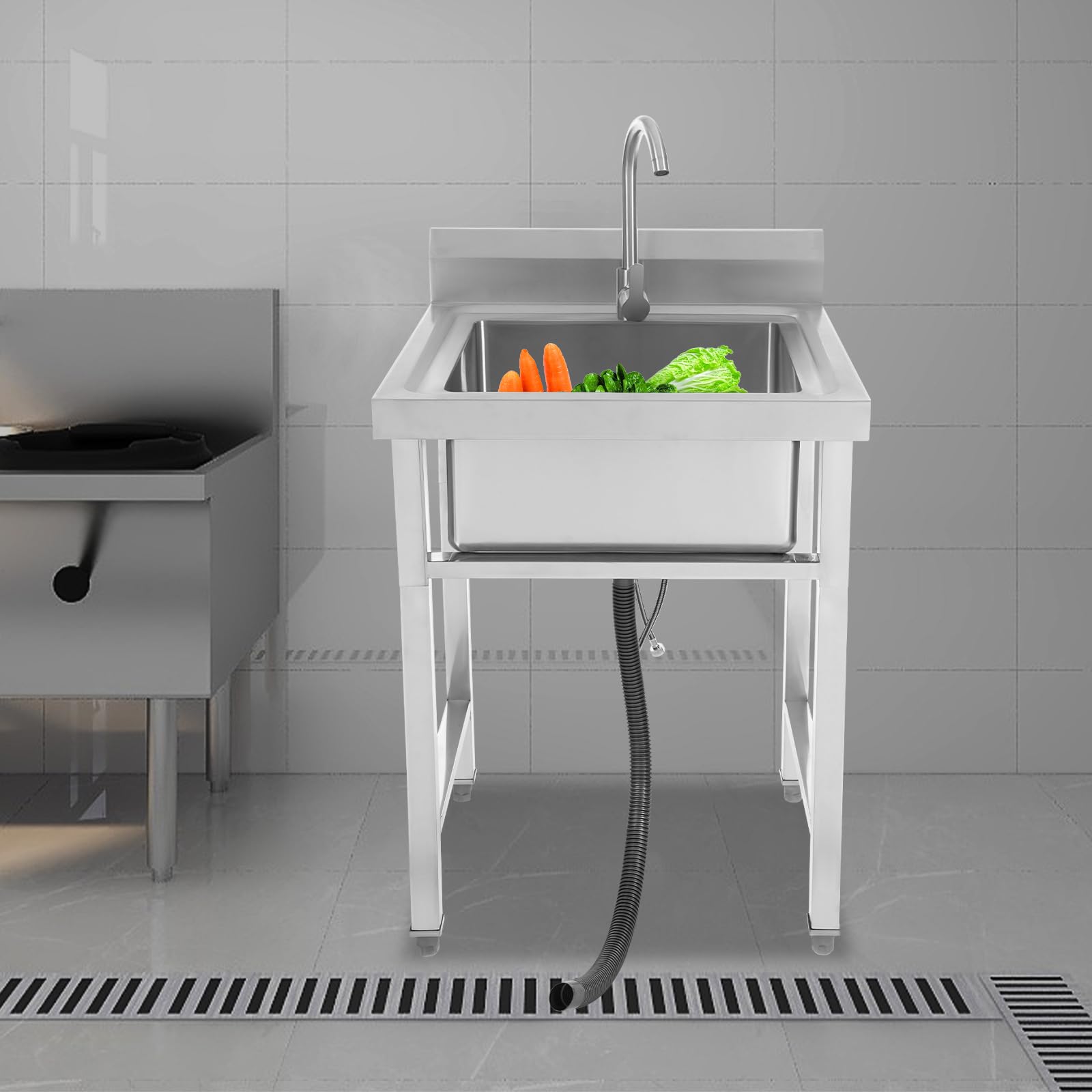 Évier autoportant en acier inoxydable 1 bac évier extérieur avec robinets d'eau froide et chaude et autres accessoires Évier de restaurant commercial pour extérieur intérieur cuisine restaurant 93 x