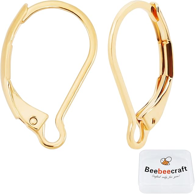 Beebeecraft 1 Box 50Pcs Leverback Earring Findings 24K Gold Plated Clasp Earring Hooks 16X10mm Ear Wire Clip Earring Connector for Jewelry Making