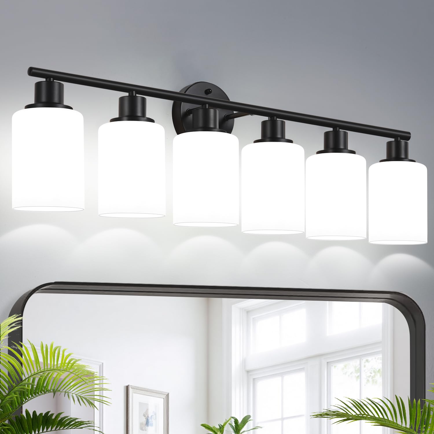 Zarbitta 6-Light Bathroom Light Fixtures, Black Modern Vanity Lights with Milky White Frosted Glass Shades, Bathroom Wall Lamp, for Mirror, Living Room, Kitchen, Hallway, Cabinet, Porch