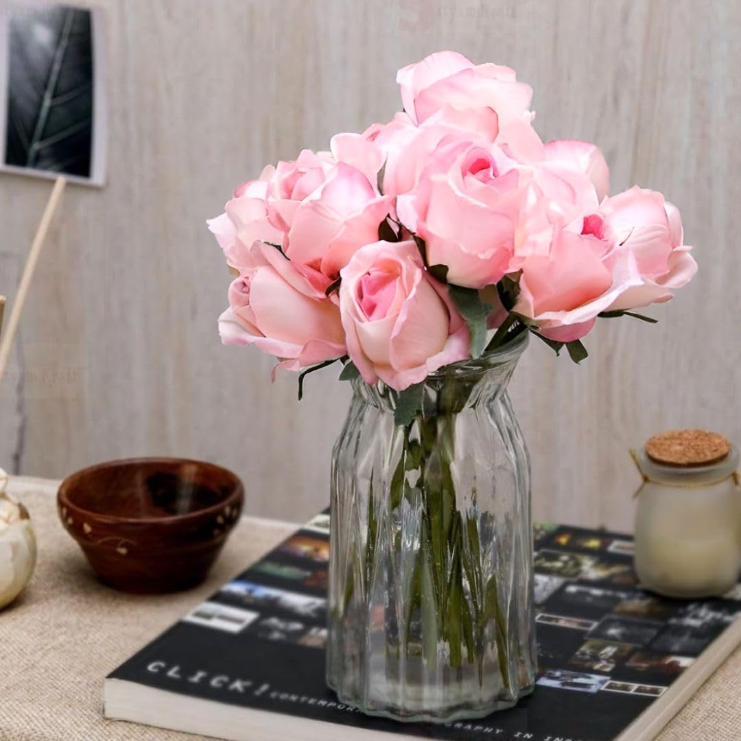SATYAM KRAFT 7 pcs Artificial Rose Stick Flower Bunch for Home, Office, Balcony, Table Display, Living Room Decoration and Craft Corner (Pack of 1 Bunch) (Light Pink) (Fabric)