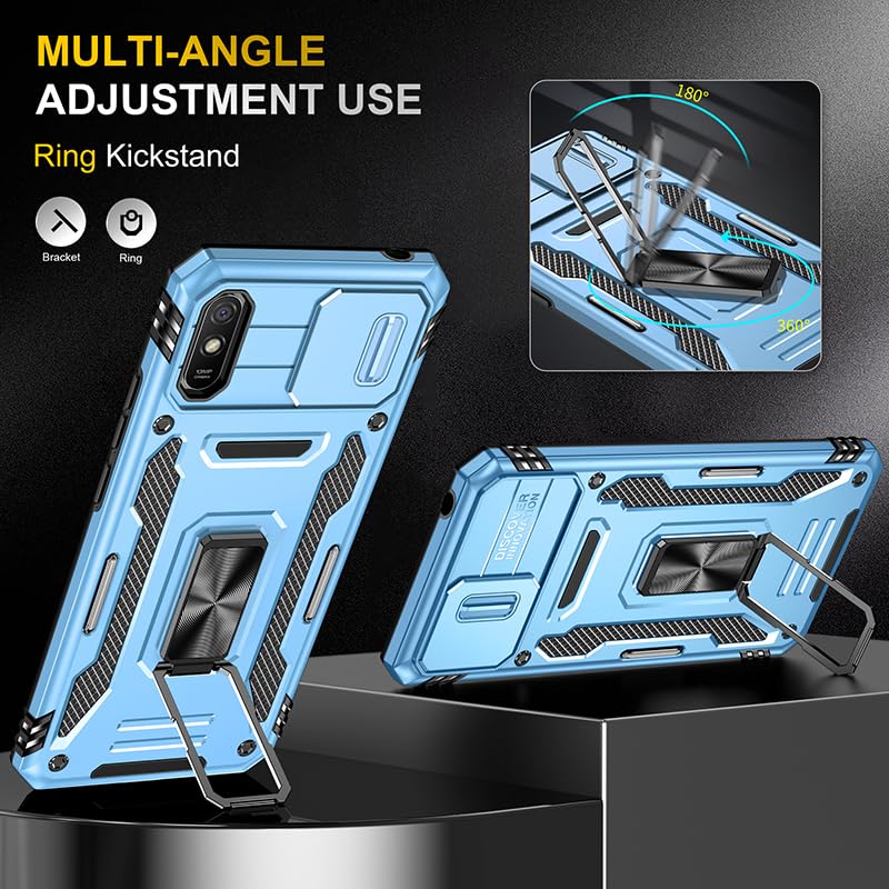 Image of Polycarbonate Slide Camera Cover with Ring Holder Mobile Phone Back Cover for Mi Redmi 9A /Redmi 9i (Blue)