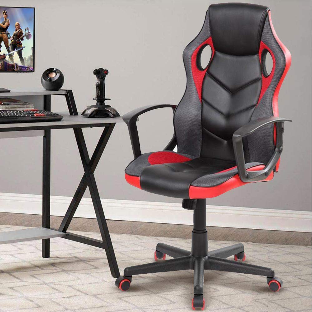 BAKAJI Sedia Poltrona Gaming Scrivana Ufficio Casa in Ecopelle Schienale Reclinabile Rotazione 360 Gradi Direzionale Altezza Regolabile Base 5 Ruote (Rosso)