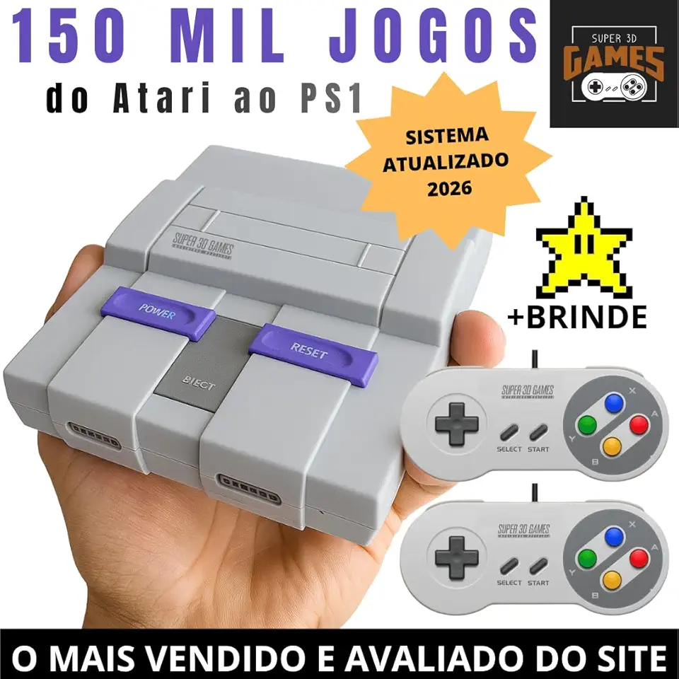 Mini Console Retro Gamer Super Nintendo com 150 mil Jogos Mais 2 Controles Super 3D Games
