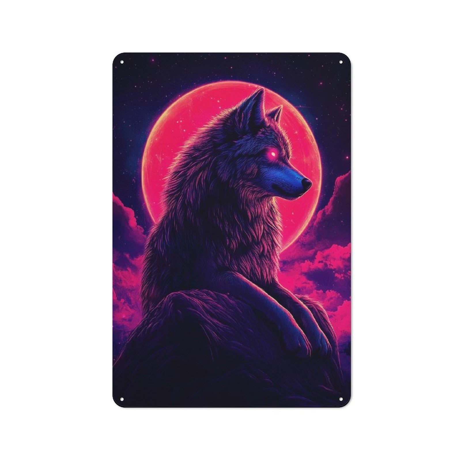 Junmoney Style-10 Metal Wall Sign 30X20cm Featuring Neon Wolf With Red Moon For Workshop Wall, For Room Styling Across Workshops And Hobby Rooms