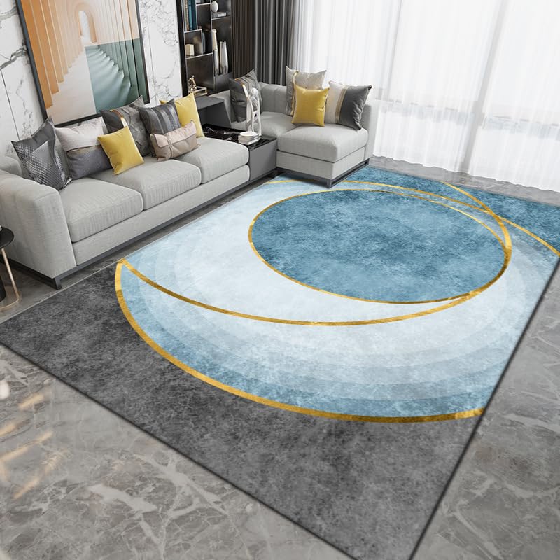Tapis de salon moderne 90x150 cm lavable et antidérapant aux lignes géométriques gris bleu jaune