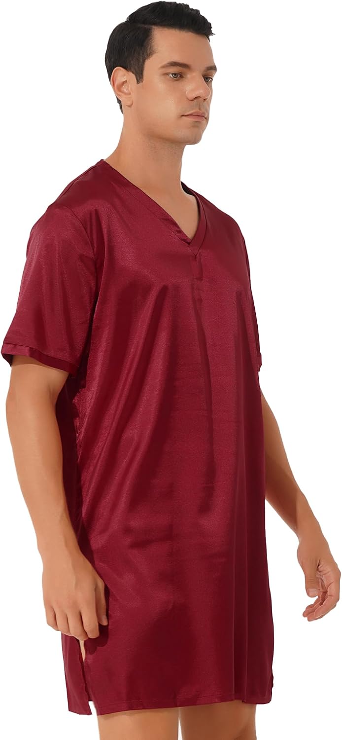 Oyolan Mens Satin Nightgown V Neck Short Sleeve Night-robe Sleepwear Sides Split Pajamas Top