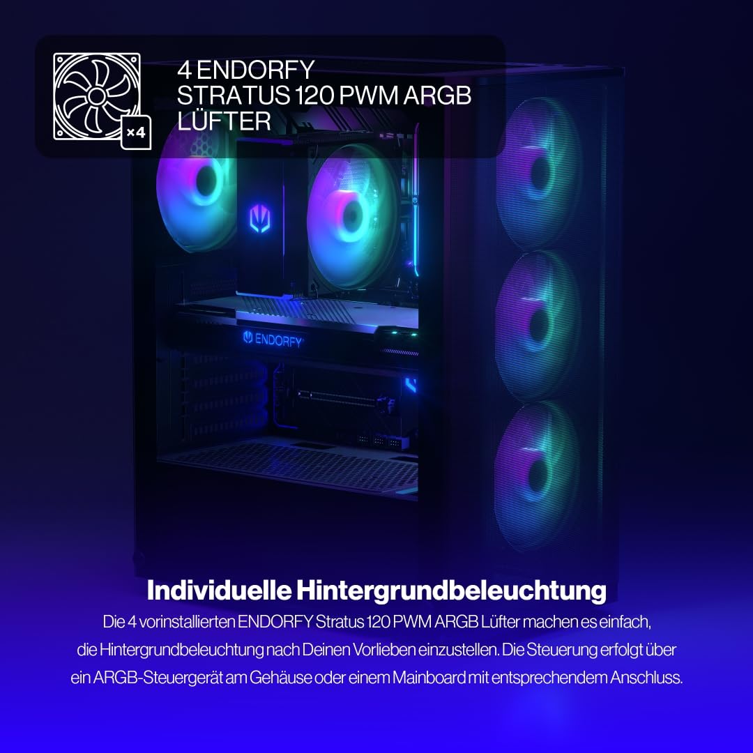 ENDORFY Ventum 200 ARGB PC-Gehäuse ATX mit Hartglas Seitenfenster | 4x Stratus 120 PWM ARGB Lüfter, PWM+ARGB Controller, Mesh Front, Radiator bis 360 mm, Schwarz