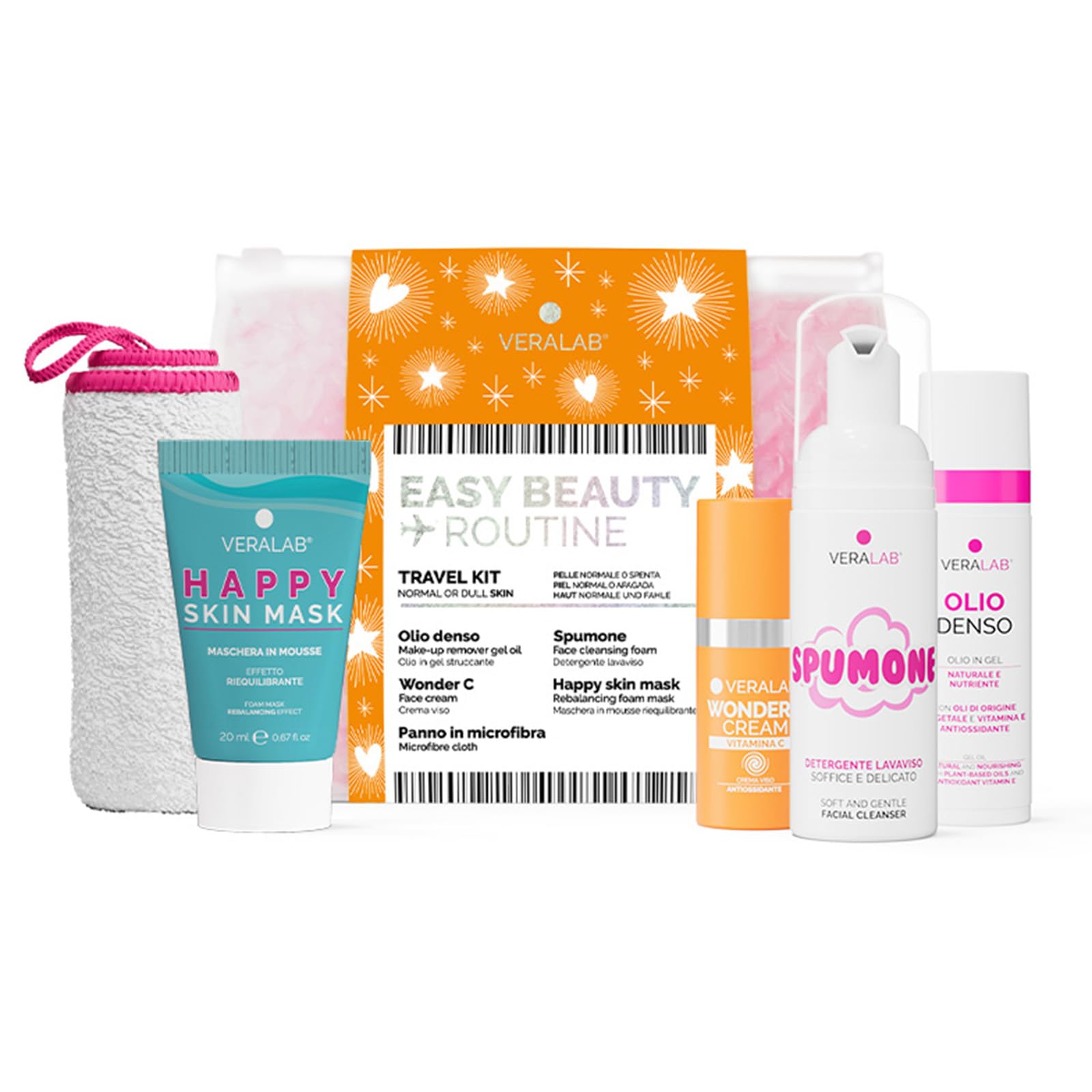 Veralab Easy Beauty Routine per Pelle Normale o Spenta, Travel Kit Skincare Completa con Olio Denso, Spumone, Crema Viso Wonder C Cream, Maschera Viso Happy Skin, Panno in Microfibra