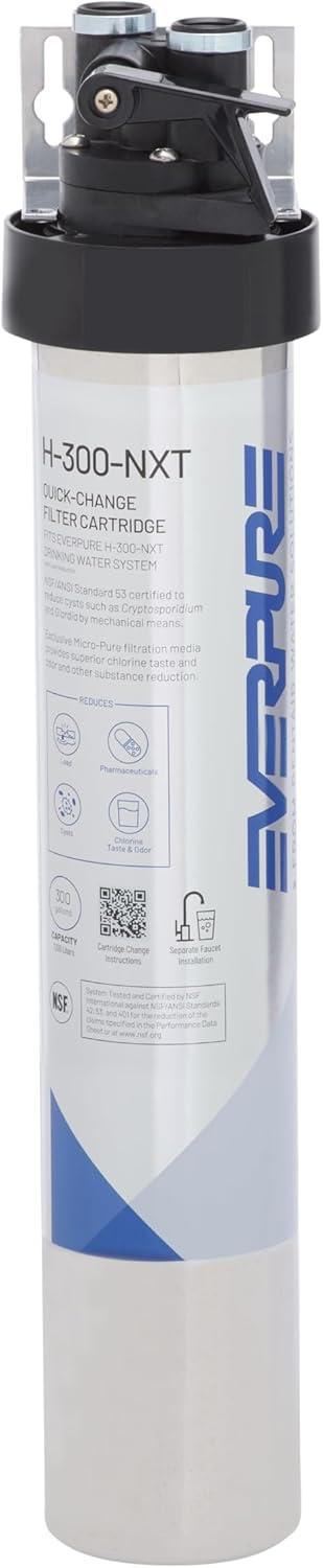 Pentair Everpure H-300-NXT Drinking Water System, 300 Gallon Capacity, Reduces Chlorine Taste  Odor, Lead, VOCs, Sediment, NSF Certified, Made in USA