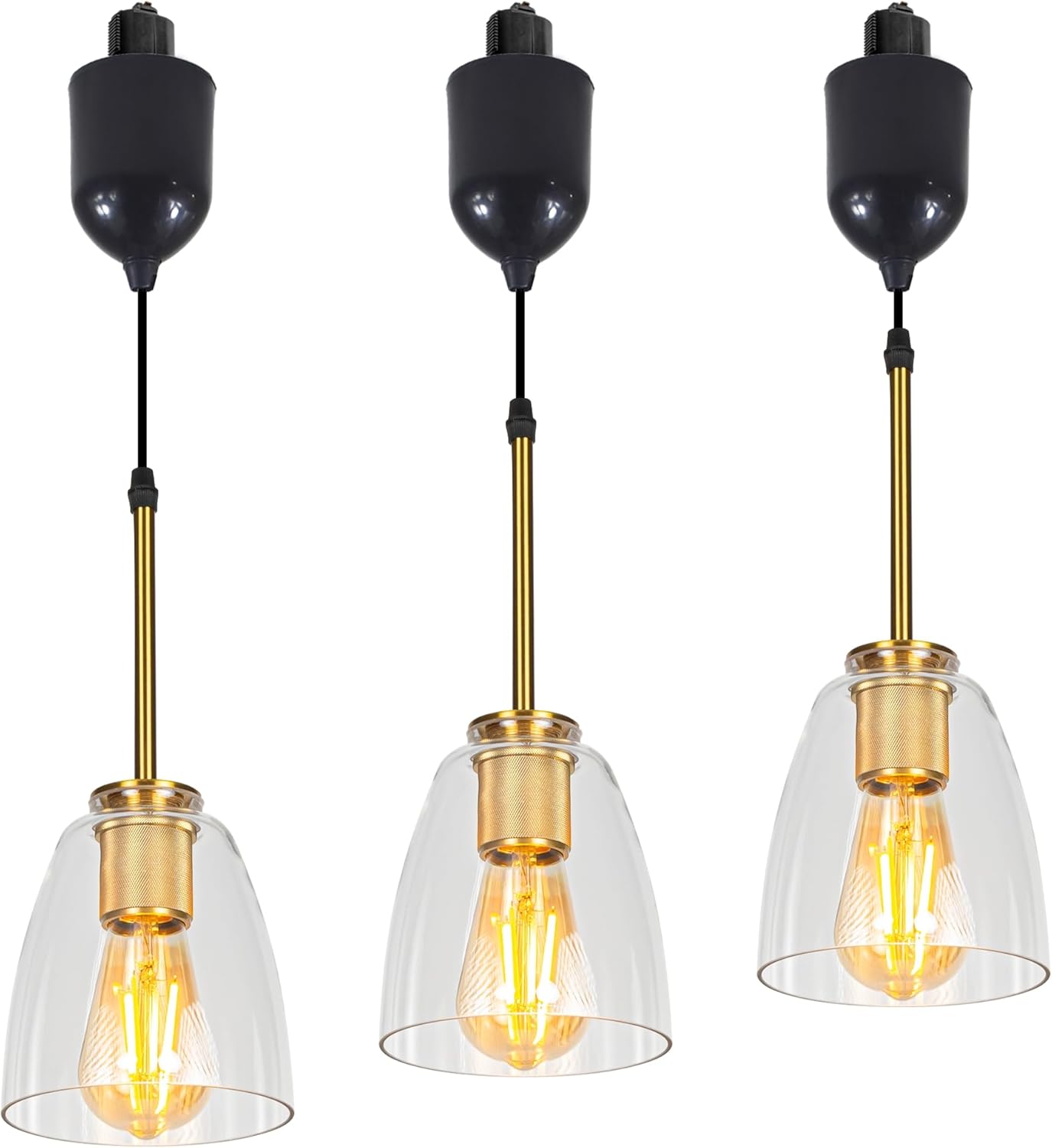 Adjustable Hanging Height Halo Track Lighting Pendants, 4 Ft Cord, H-Type Dimmable Retro Lighting Industrial Light Fixtures E26 Socket Clear Bell Glass for Kitchen Island Vaulted Ceiling