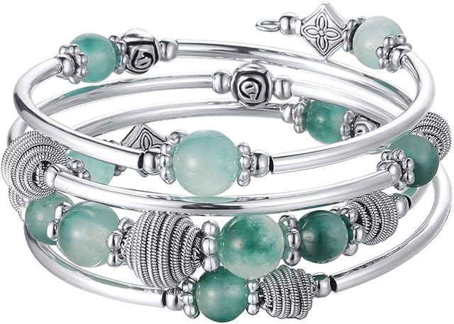 BULINLIN Turquoise Beaded Chakra Bangle Bracelet, Silver Layered Jewellery Wrap Bracelet with Natural Stone Birthday Gift for Women