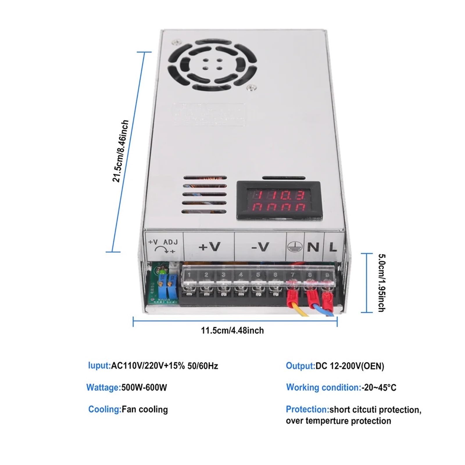 Zasilacz z cyfrowym wyświetlaczem 500 W, 600 W, 1000 W, 1500 W, regulowane napięcie od 0 do 12 V, 15 V, 24 V, 36 V, 110 V, 150 V, 220 V (0-90VDC-1500W, 220V)